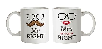 ZOKASA Mr. and Mrs. Right Ceramic Couple Coffee Mug, 300ml(Multicolour) - Set of 2