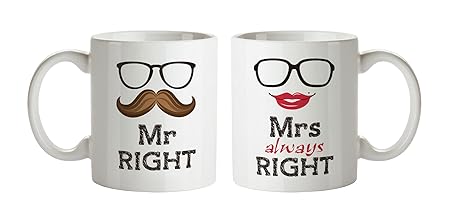 ZOKASA Mr. and Mrs. Right Ceramic Couple Coffee Mug, 300ml(Multicolour) - Set of 2