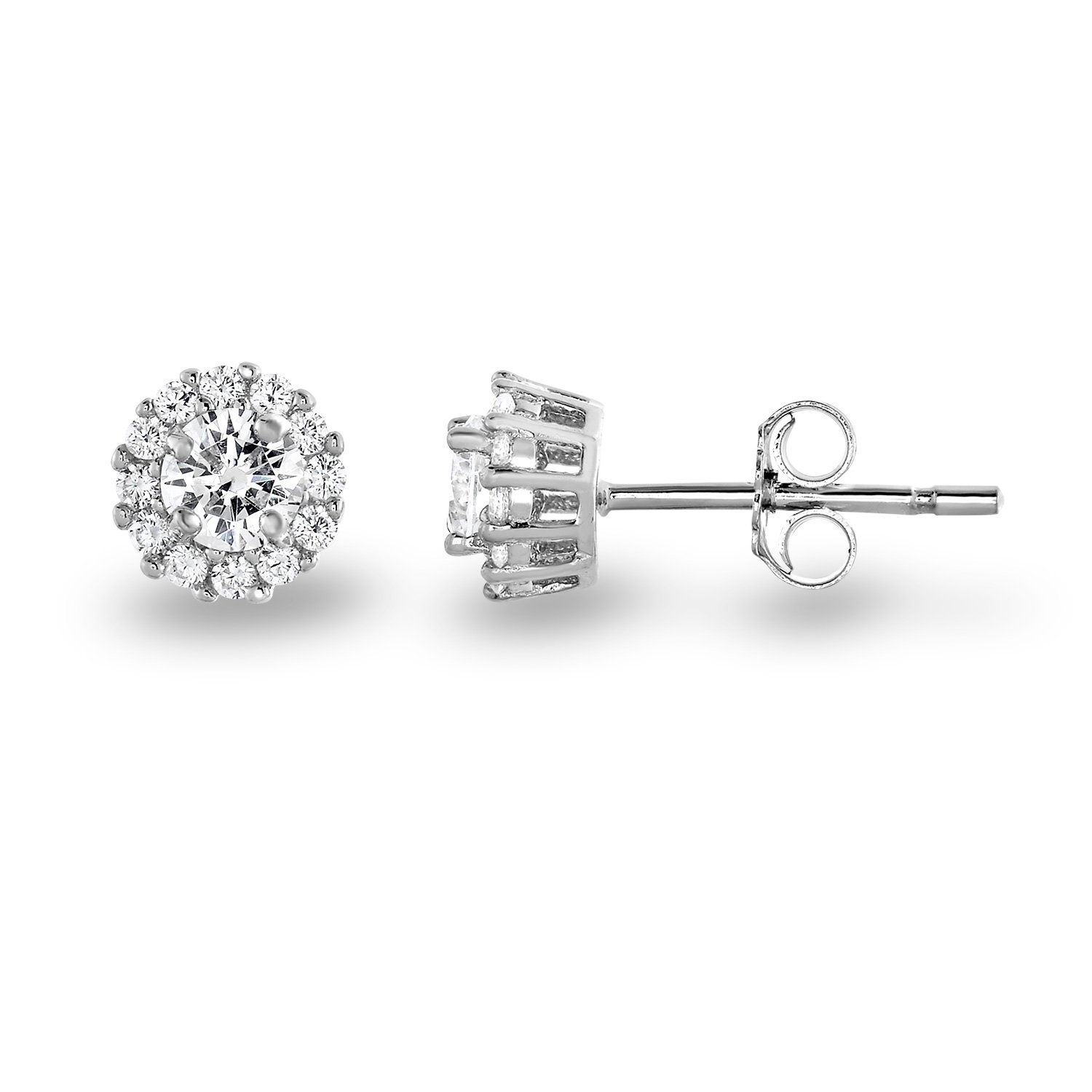 Rhodium-Plated Sterling Silver Cubic Zirconia Classic Halo Stud Earrings, (Center Stone: 4.5mm)