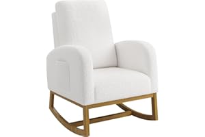 Modern White Rocking Chair, Soft Faux Lambskin Upholstered Glider Rocking Chair with High Backrest, Side Pockets, Oversized A