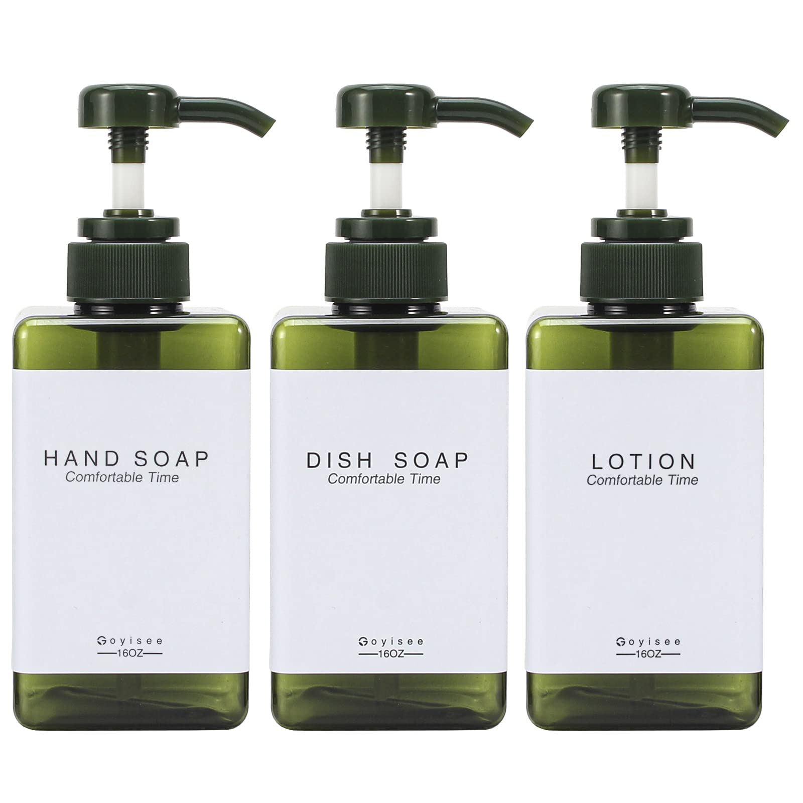 GOYISEE Plastic Refillable Hand Soap Dispenser Modern Square Pump Bottle for Bathroom Vanities or Kitchen Sink, Countertops - 3 Packs with Waterproof Label (3B-Green)