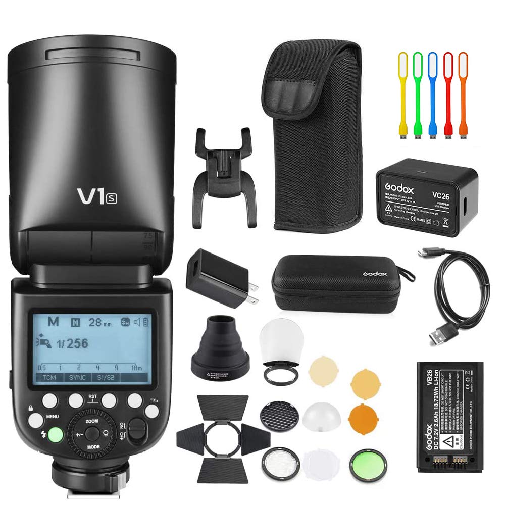 Godox V1-S TTL Flash Speedlite, 76Ws 2.4G High-Speed Sync 1/8000s 2600mAh Li-ion battery Round head Camera Speedlight with Godox AK-R1 Accessories Kit Compatible for Sony Cameras