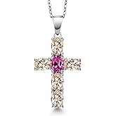 Gem Stone King 925 Sterling Silver Peach Morganite and Pink Created Sapphire Cross Pendant Necklace for Women | 3.00 Cttw | Gemstone October Birthstone | Oval 6X4MM | With 18 Inch Chain