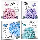 ZSHDEYMTOP 4 Piece Hydrangea Canvas Wall Art Hydrangea Butterfly Picture Prints Inspirational Quotes Paintings Faith Love Hope Family Quotes Poster Bedroom Decor Framed (12" x 12" x 4PCS)