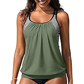 Holipick Blouson Tankini Top - Tummy Control Swim Top Loose Fit Modest Tank Top Only No Bottom