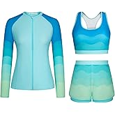 JASAMBAC 3 Piece Rash Guard for Women, Long Sleeve Swimsuits Bathing Suit 2026, UPF 50+ Swim Shirt with Built in Bra & Shorts