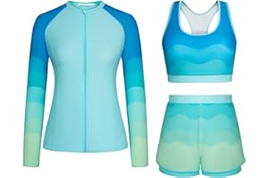 JASAMBAC 3 Piece Rash Guard for Women, Long Sleeve Swimsuits Bathing Suit 2026, UPF 50+ Swim Shirt with Built in Bra & Shorts