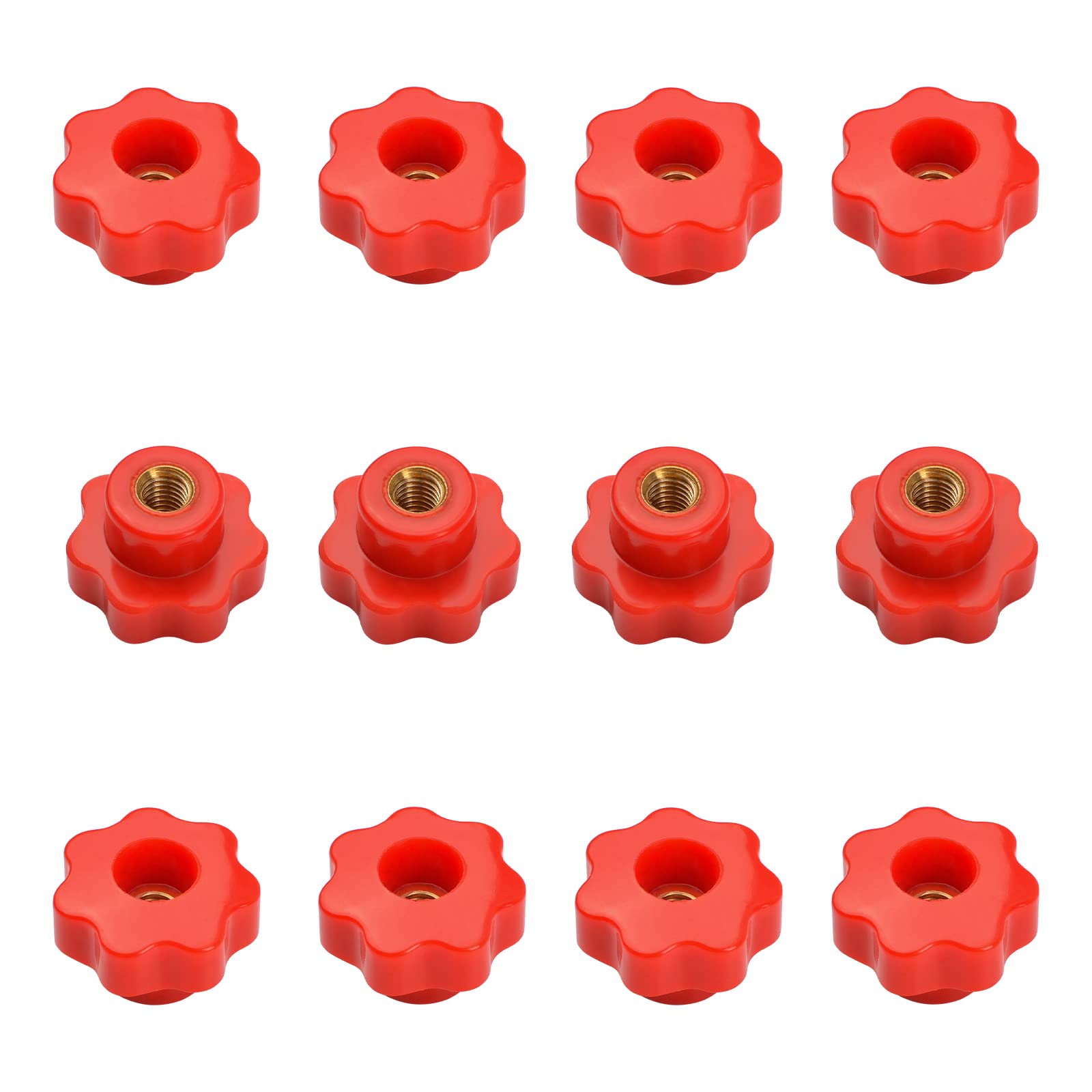 MOROBOR M6 Star Knob Knurled Thread Clamping Knob, Red Plastic Through Hole Set Brass Female Threaded Nut Pack of 12, Screw-On Handle Clamping Knob for Mechanical Equipment Use