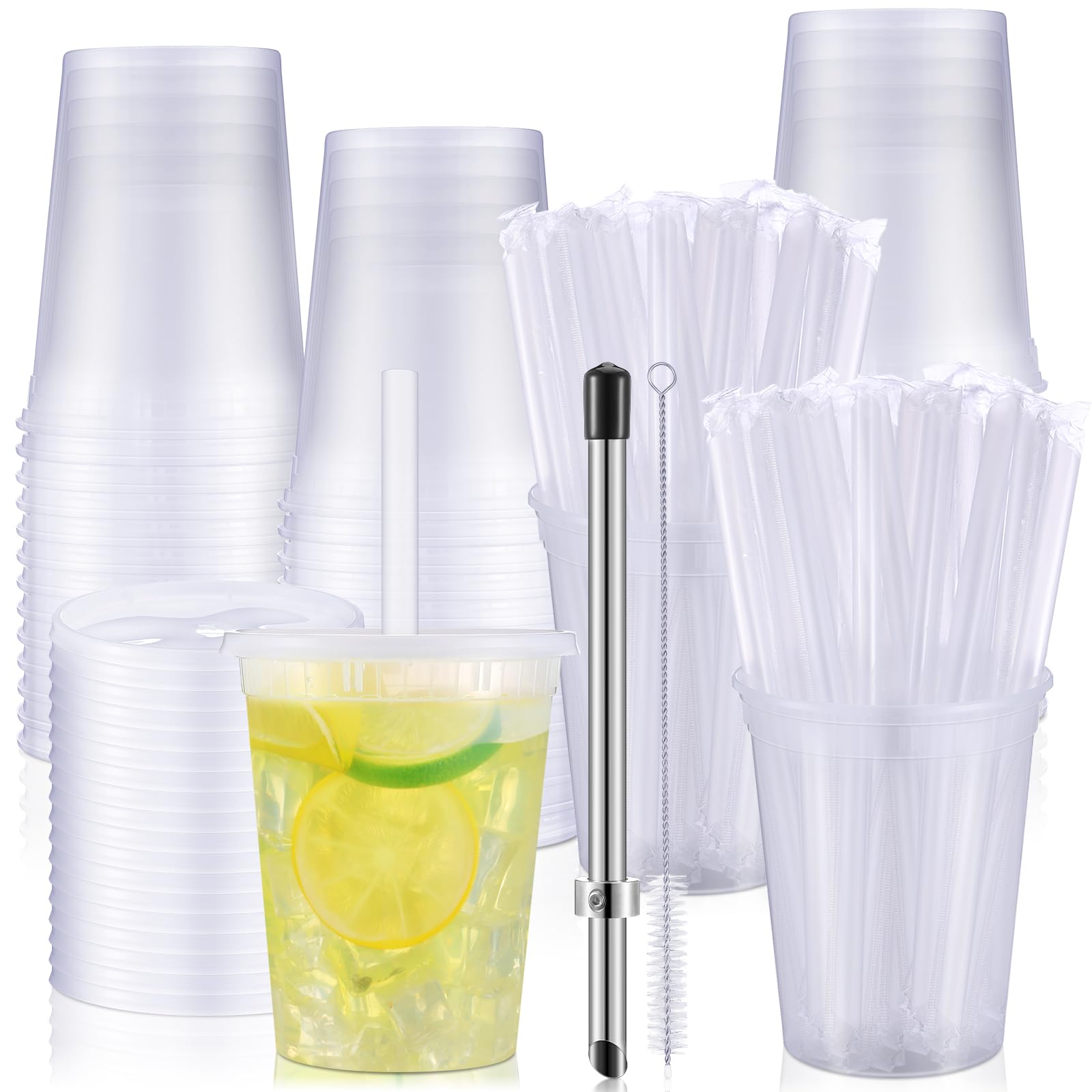 Photo 1 of Reallnaive 24 Set Lemonade Cups with Lids Include 32oz Clear Plastic Cups Straw Puncher Straws Lids Eyedropper Brush Summer Lemon Citrus Cold Cup for Party Lemonade Stand