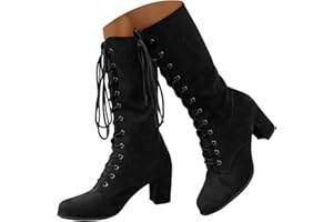 Victorian Boots for Women, Womens Lace Up Goth Booties Wide Calf Knee High Boots Medieval Renaissance Chunky Heel Winter Boot