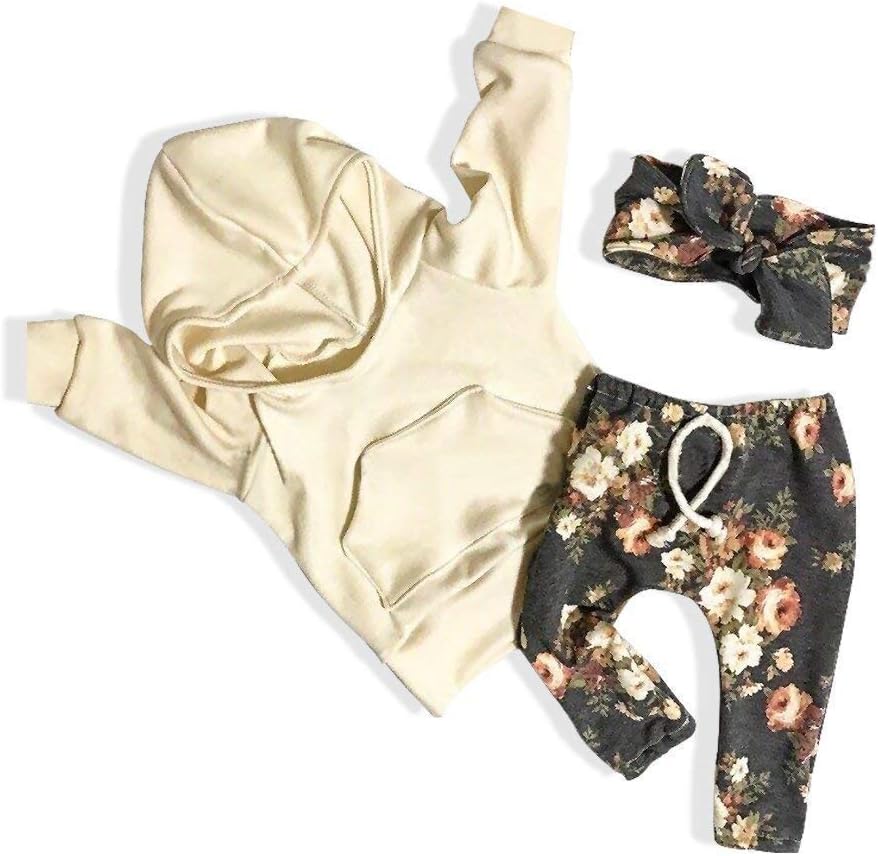 Infant Toddler Baby Girl Fall Winter Sweatshirt Kangaroo Pocket Floral Hoodie Tops Pants Set Twins Clothes