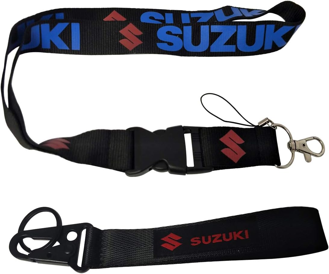 Ewein 1pc Lanyard + 1pc Wristlet Keychain Key Ring Embroidered Logo Motorcycle Superbike Motorrad Motorsport Scooter Car SUV Truck House Keys Chain Biker Accessories Works with Suzuki Superbike