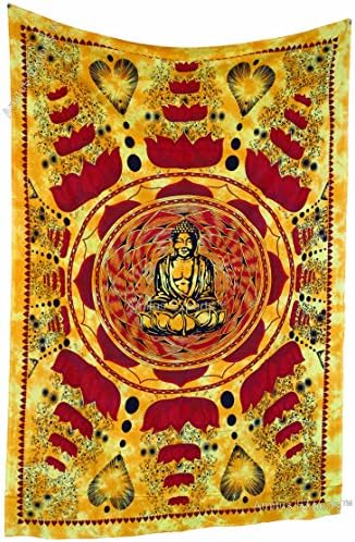 Amitus Exports(TM) Premium Quality 1 X Lotus Buddha Yellow Orange Tie Dye Color Size 78"X53" (Approx.) Inches Indian Mandala Tapestry Thin Cotton Fabric Throws (Handmade In India)