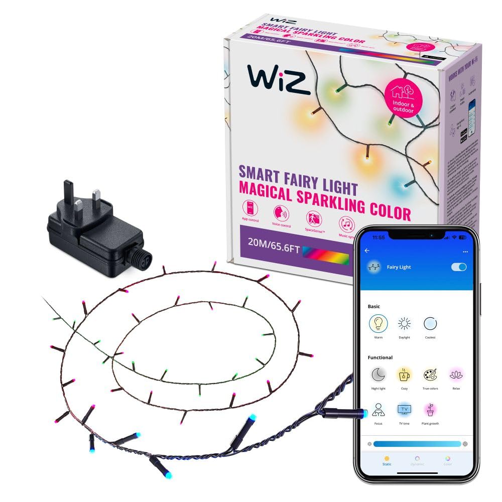 WiZ Fairy Lights, Connected RGB LED Smart Color-Changing Fairy Lights, Static and Dynamic Modes, Music Sync, App and Voice Controls, Works with Alexa, Google Assistant, Apple Home