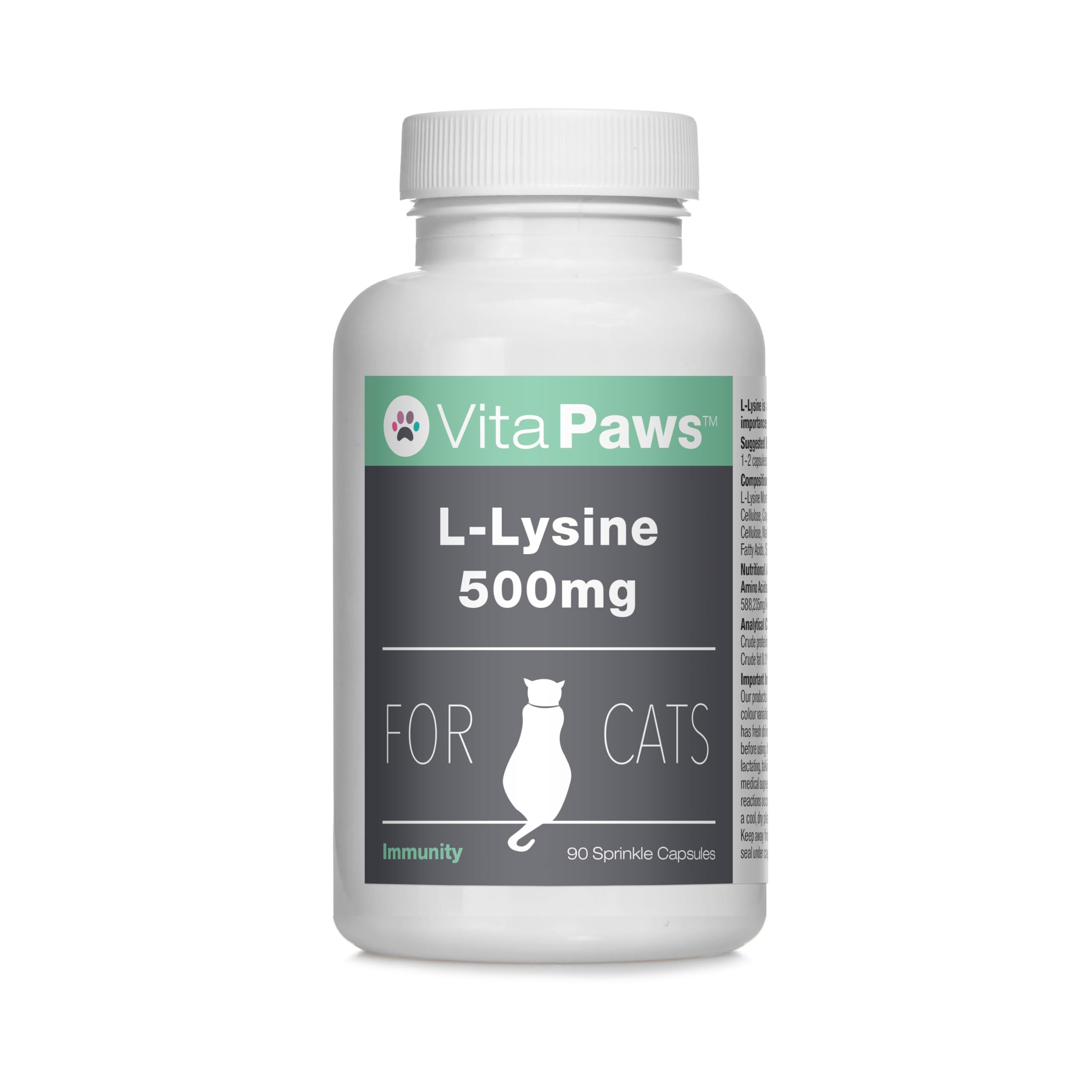 L-Lysine 500mg For Cats By VitaPaws™ | 90 Sprinkle Capsules | Popularly Chosen For Feline Immunity | Manufactured in the UK