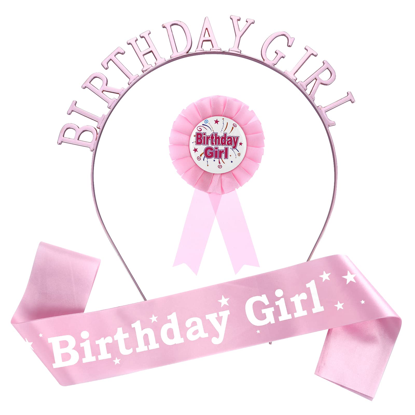 Abeillo 3 Pieces Birthday Girl Decorations Set Includes Pink Birthday Girl Sash Tiara and Award Ribbon Badge Strap for Kids Girls Party Supplies