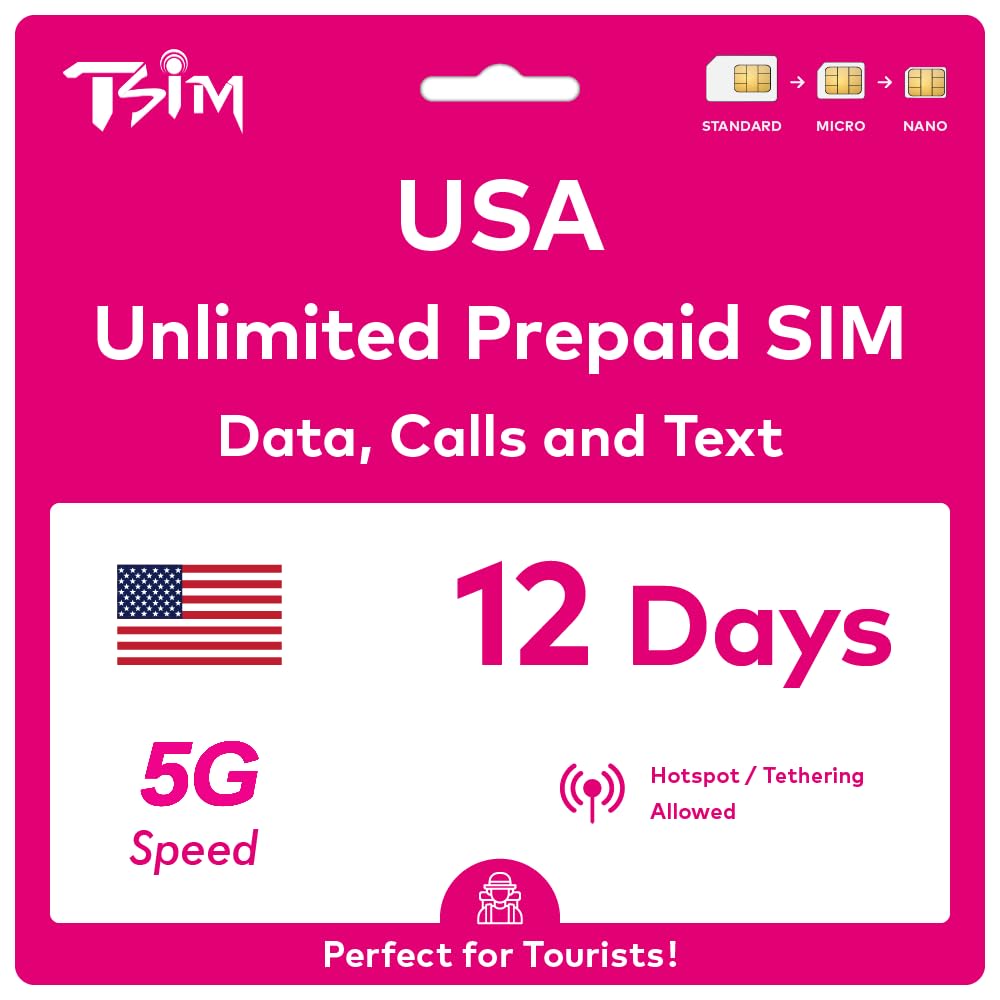 USA SIM Card for Travel to the USA. PrePaid. T-Mobile network with Unlimited Data, Calls and Texts. Upgraded 5G SIM Card! (12 Day)