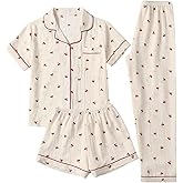 GORGLITTER Women's 3 Piece Cute Pajamas Cherry Short Sleeve Button Down Shirt and Shorts Pants Set Loungewear