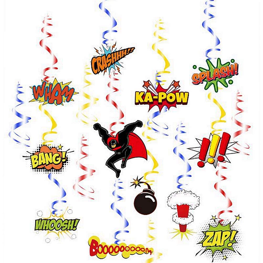 YiiiGoood Pack of 18 Boom Wham ZAP Superhero Party Swirl Decorations for Birthday Party Hanging Decor Birthday Party Supplies
