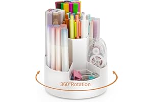 ASTEN Pen Holder for Desk, 360° Rotating Pencil Holder, 7 Slot Pen Organizer, Large Cute Marker Organizer for Office, School, Classroom, Pencil Container with Stickers for Art Supply, Makeup Brush (White)
