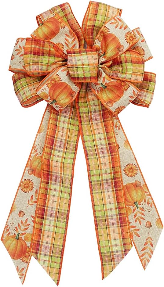 Bows & Ribbons - Large Fall Orange Red Plaid Bow Wreath Pumpkin Leaves Bow for Fall Décor - Autumn Thanksgiving Bow for Front Door Indoor Outdoor Wall Decoration Supplies Ornaments