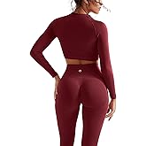 SUUKSESS Women 2 Piece Workout Sets Hidden Scrunch Hip Lifting Seamless Leggings Long Sleeve Yoga Crop Tops