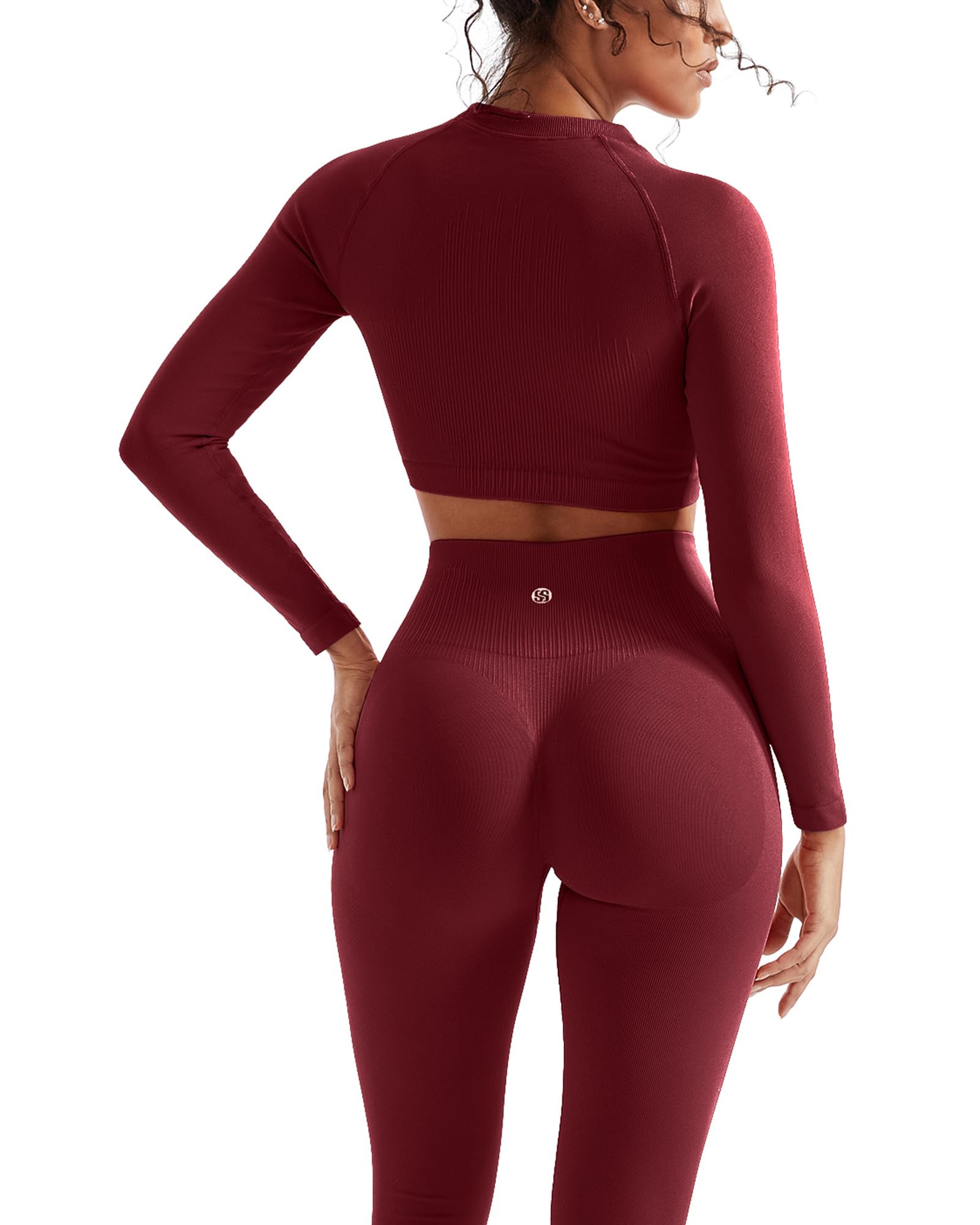 Photo 1 of *PARTIAL SET*
SUUKSESS Women 2 Piece Workout Sets Hidden Scrunch Hip Lifting Seamless Leggings Long Sleeve Yoga Crop Tops High Waisted Yoga Pants Tracksuits (Wine Red, M)