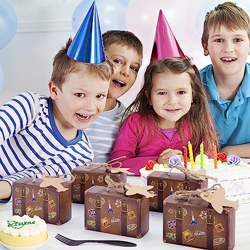 JOHOUSE Mini Suitcase Favor Box, 50PCS Travel Party Favors Vintage Kraft Cardboard with Tags and Burlap Twine for Wedding Party Bridal Shower Travel Party Decorations