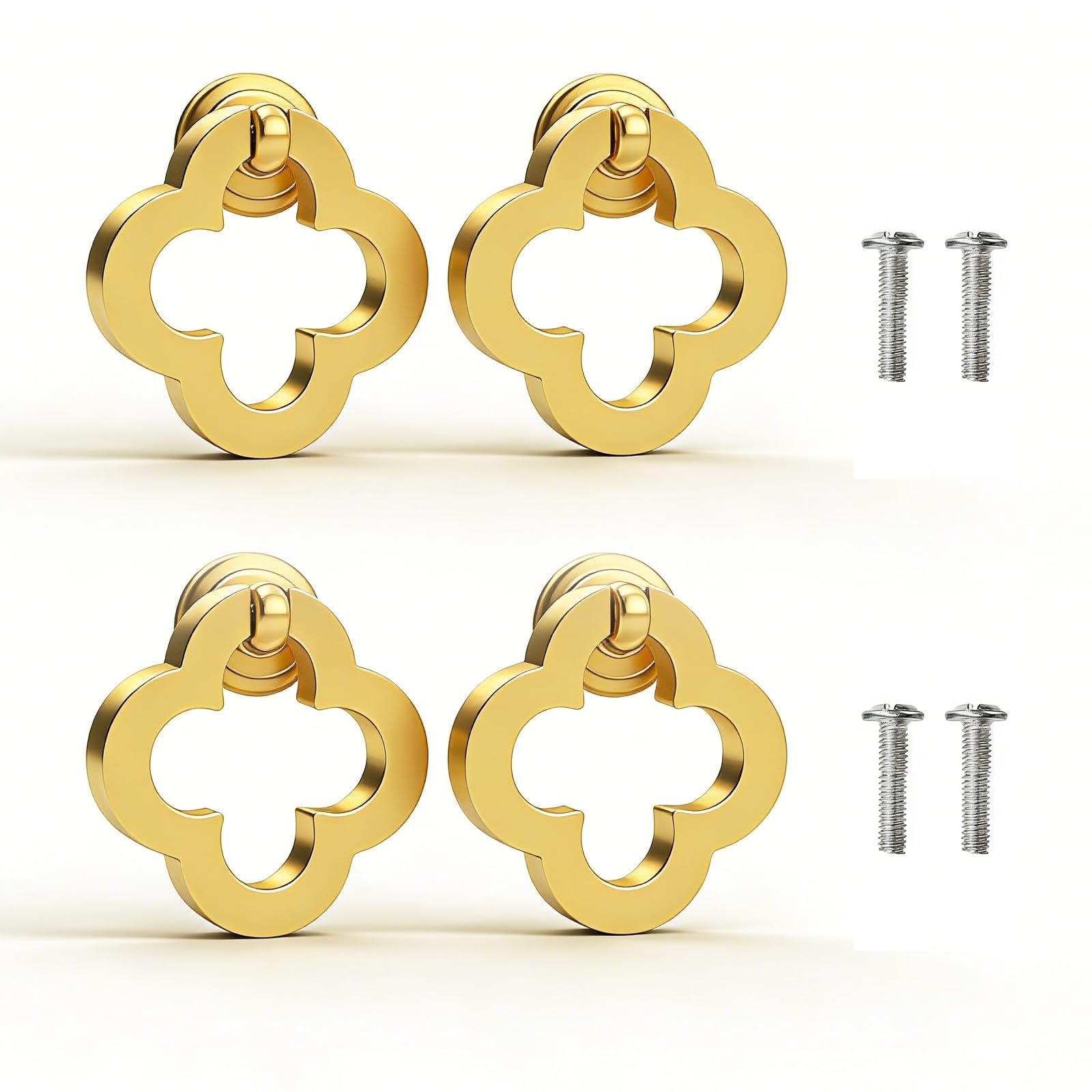 Newsmy 4 Pcs Gold Flower Ring Pulls, Vintage Clover Drawer Knobs with 4 Screws, 55mm Brushed Gold Cabinet Handles for Wardrobe, Cupboard & Chest of Drawers
