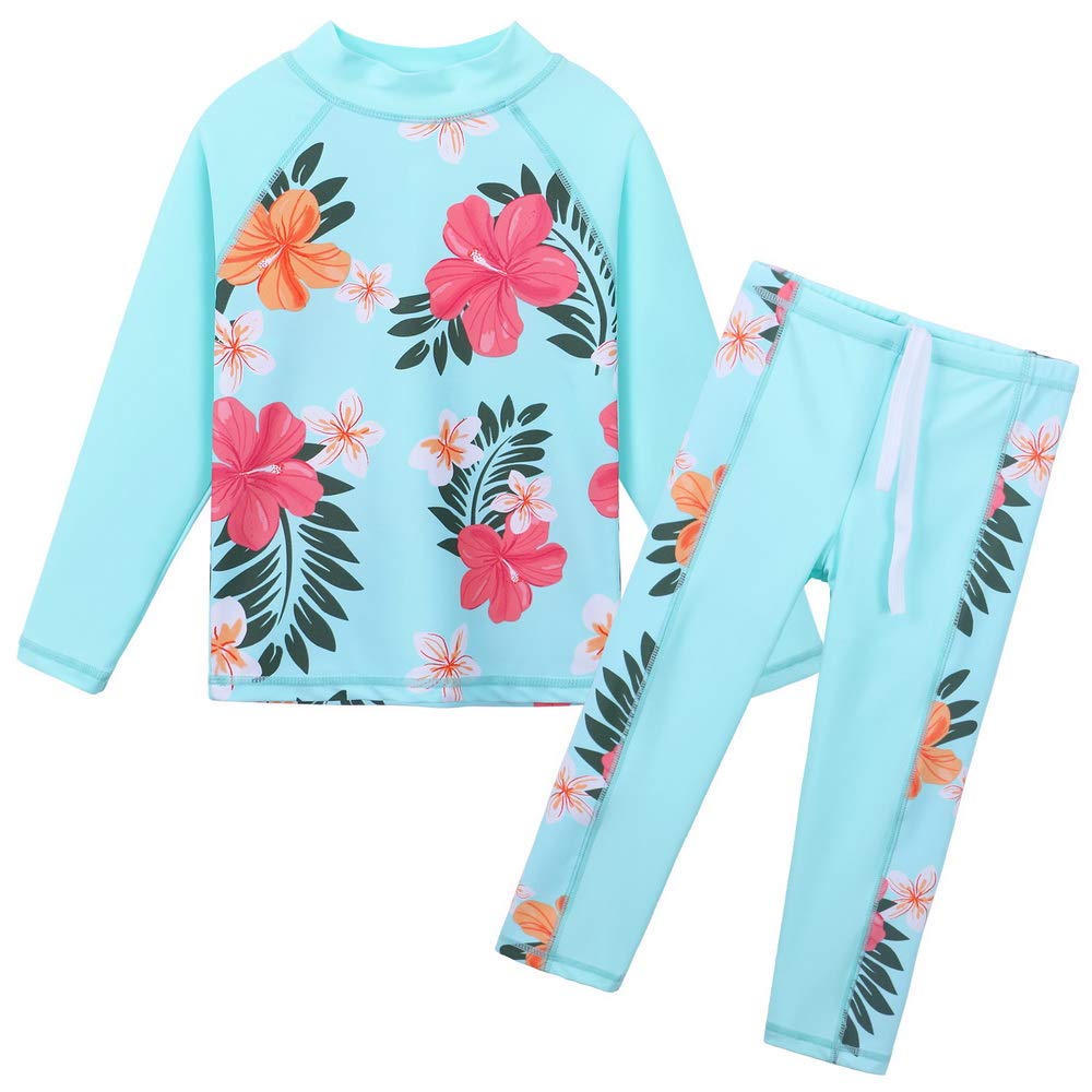Photo 1 of Girls Two Piece Swimsuit Floral UPF 50+ Rash Guard Set Kids Swimwear S247_CyanFlower_6A