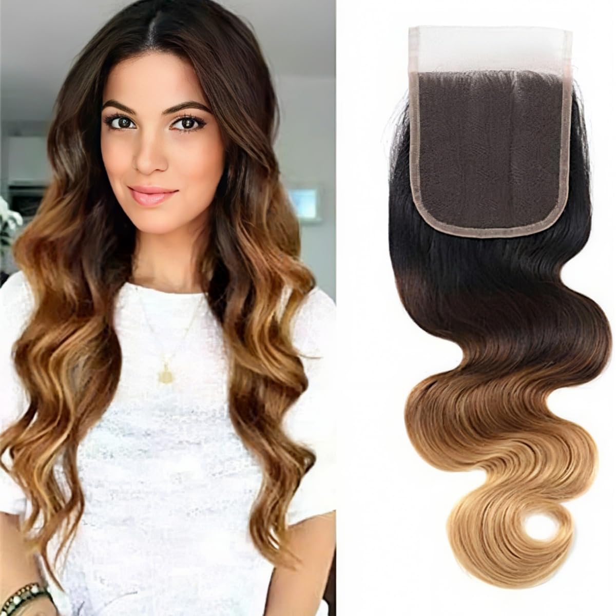 Ombre Blonde 4x4 Lace Closure Free Part Body Wave T1B/4/27 100% human hair Brazilian Remy Body Wave T1B/4/27 Ombre 16 inch