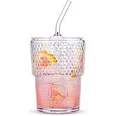 BLUEPOLAR 13oz/400ml Glass Water Tumbler with Straw and Lid Sealed Carry On Thick Wall Iced Coffee Cup Glass Cup for Water, Iced Tea Fruit Juice Etc (White-Ribbed)