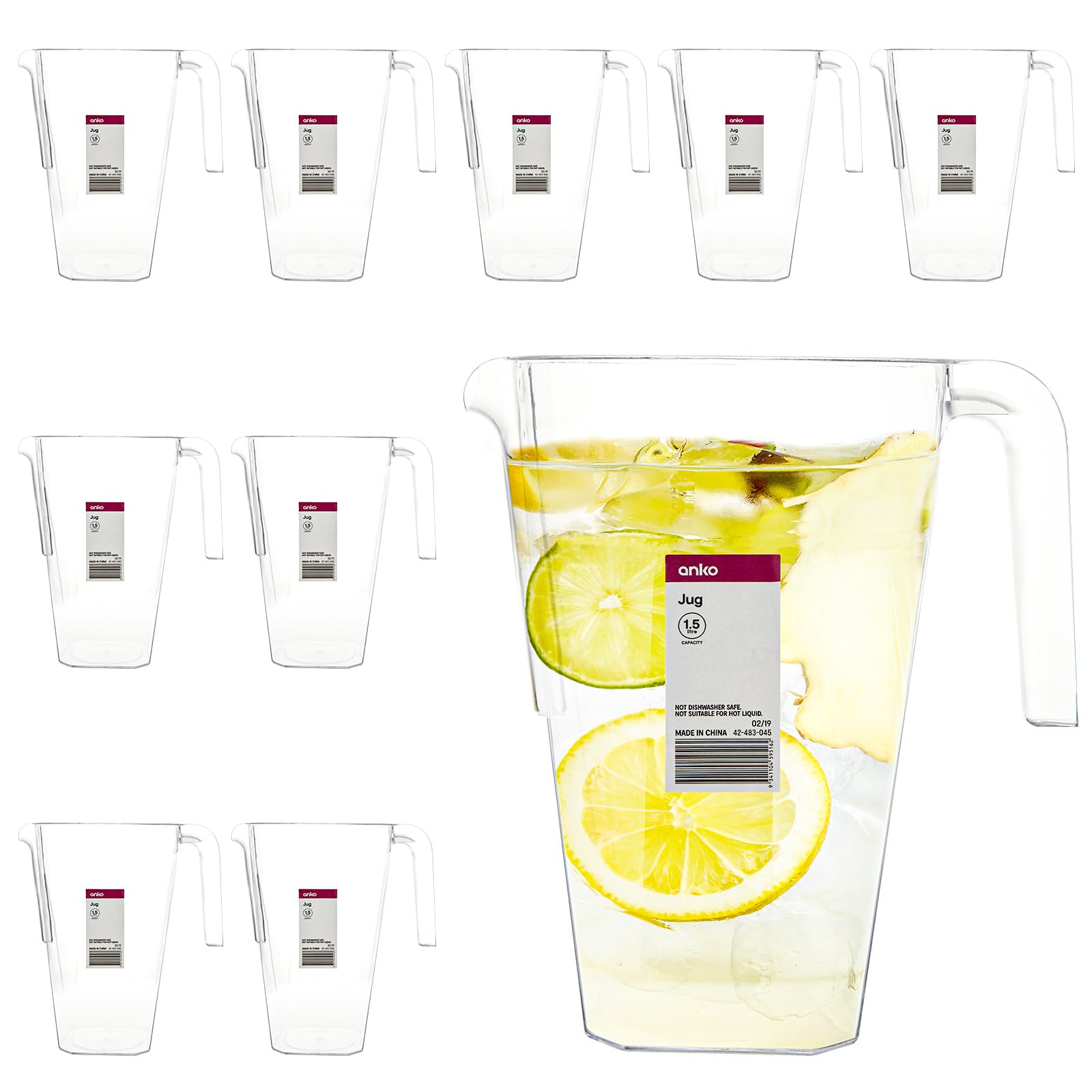 ZOFUN 10 Pcs Plastic Jugs 1.5 Litre, Reusable Plastic Pitchers, Clear Water Jugs for Cocktails, Lemonade, Punch, Sangria, Beers, Water Jugs with Handle for Parties, BBQ, Wedding, Picnics