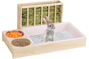 Rabbit Hay Feeder and Litter Box, 3-in-1 Rabbit Litter Box with Hay Feeder and Bowls, Mess Proof Pet Cage Accessories for Gui