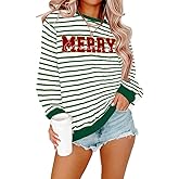 Ithalt Christmas Sweatshirt for Women Merry Sweater Embroidered Striped Crewneck Sweatshirts Holiday Long Sleeve Pullover
