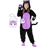 Joycover Black Cat Costume for Girls, Kids Hooded Cat Noir Onesie with Purse Bag, Girls Halloween Costumes for Kids Age 5-10