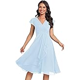 Monvelli Ruffle Chiffon Bridesmaid Dresses Short with Sleeves V Neck Empire Waist Formal Party Gowns with Pockets
