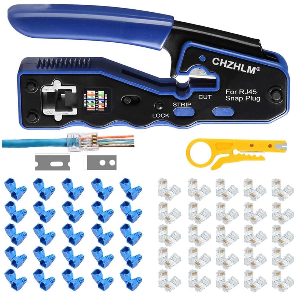 Rj45 Crimp Tool Pass Through Ethernet Crimping Tool kit for 8P Cat5 Cat6 Pass Through Connectors Network Crimp Tool RJ45 Crimper with 50Pcs Covers and 50Pcs Connectors Mini Yellow Stripper