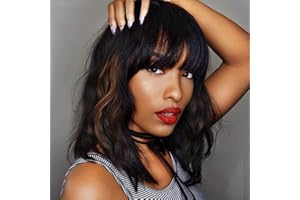 Ucubb Black Mixed Brown Wig for Black Women 14 Inch Short Wavy Hair Wigs Curly Bob Wig with Bangs Wigs Shoulder Length Wigs for Black Women Bob Style Synthetic Heat Resistant