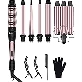 6 in 1 Wand Curling Iron, 3 Barrel Curling Iron Set with Thermal Brush (1.5") and 5 Interchangeable Ceramic Hair Wand Curler (0.35"-1.25"), Valentine's Day Gift, Travel Multi Curl, 2 Temp Fast Heat Up