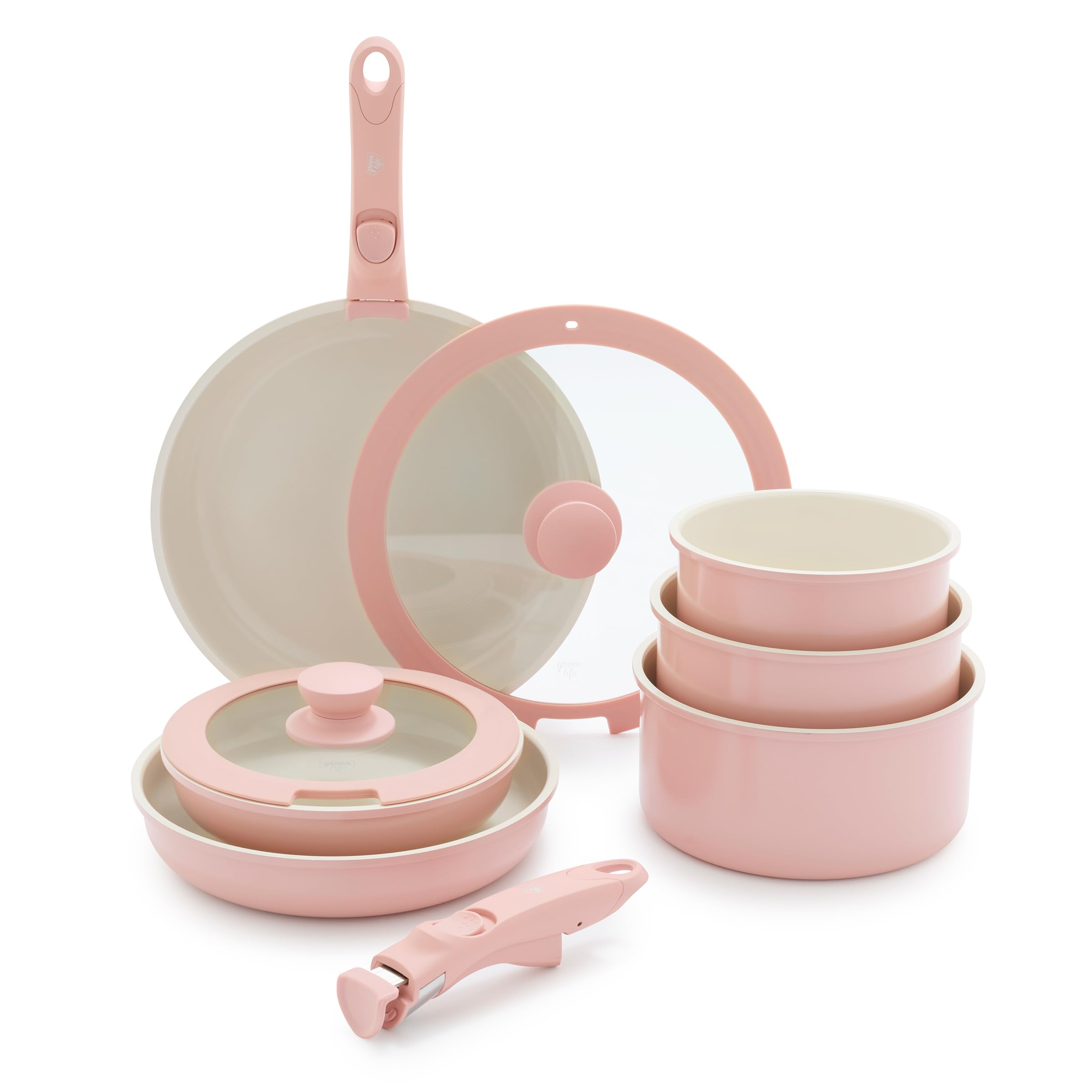 Photo 1 of GreenLife Click 10-Piece Ceramic Nonstick Cookware Set, Detachable Handle, Stackable Space Saving Kitchen Essential, Non Toxic PFAS-Free Pots & Pans, Induction & Oven Safe, Glass Lid, Light Pink