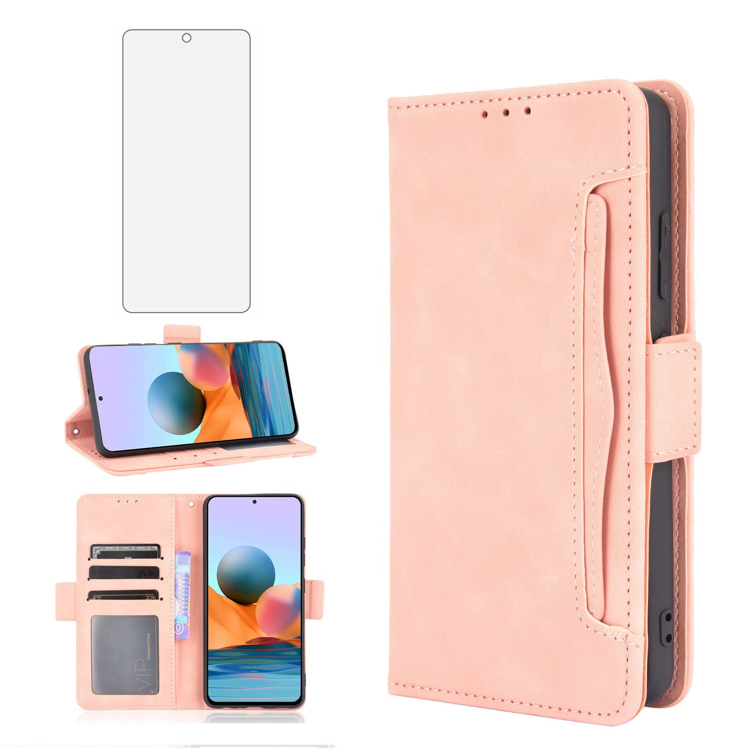 Asuwish Compatible with Xiaomi Redmi Note 10 Pro Wallet Case and Tempered Glass Screen Protector Card Holder Credit ID Slot Cell Accessories Phone Cover for Redme Note10 10Pro Max Women Men Rose Gold