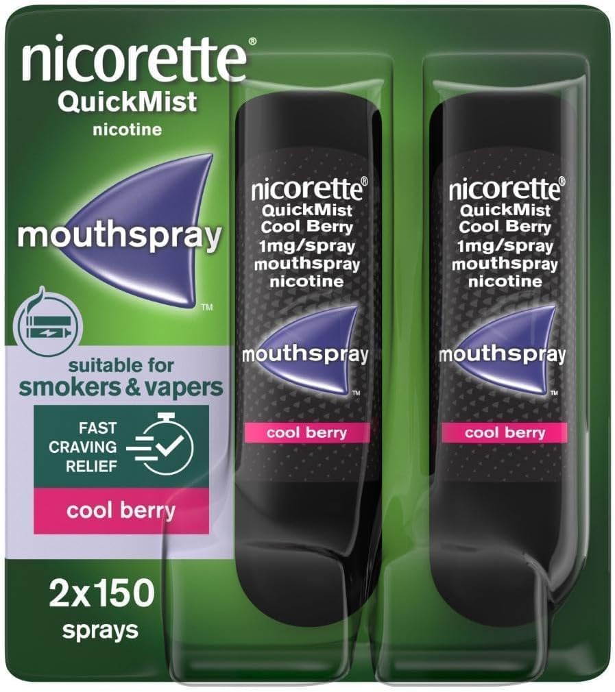 Nicorette QuickMist Mouthspray, Cool Berry (2 x 150 Sprays) Smoking or Vaping Cessation Aid, designed to start reducing cravings in 30 seconds (Quit Smoking or Quit Vaping Aid)