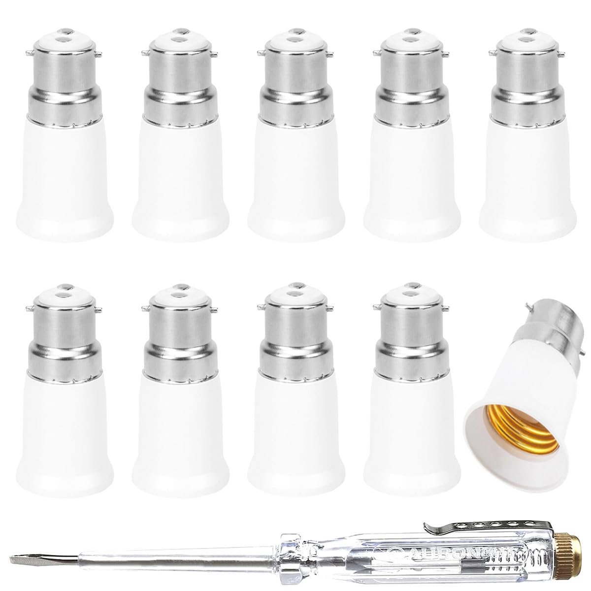 Xiatiaosann 6 Pcs B22 to E27 Adapter Lamp Socket Converter Light Bulb Universal Base Converter Extension Socket Holder Bayonet to Screw Converter Holder with Pen Electric Tester