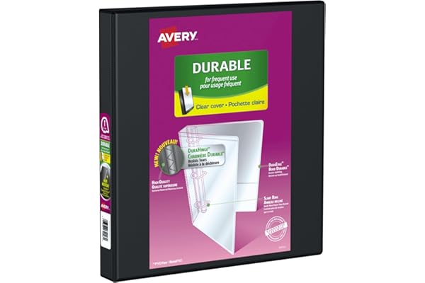 Avery Durable View Binder, 1" Slant Rings, 220 Sheet Capacity, 3 Ring Binder, 2 Pockets, PVC Free, Black (34003)