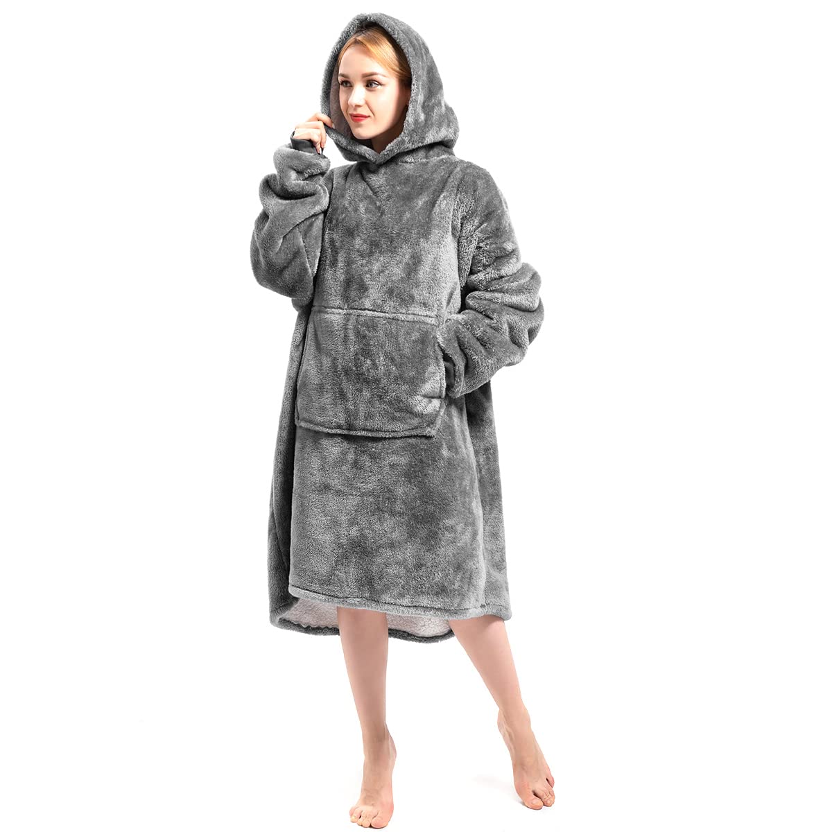 Hyperthermia Wearable Blanket with Pockets & Hood, Oversized Ultra-comfort Hoodie Blanket with Fleece for Women & Men for Home (Grey)