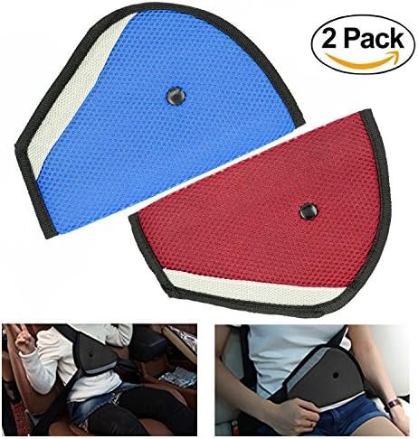 2 Packs Seat Belt Adjuster, Dlames Children Car Safety Cover Strap Adjuster Pad Harness Seat Belt Shoulder Seat Belt Clips for Kids - Blue and Gray (Blue+Red)