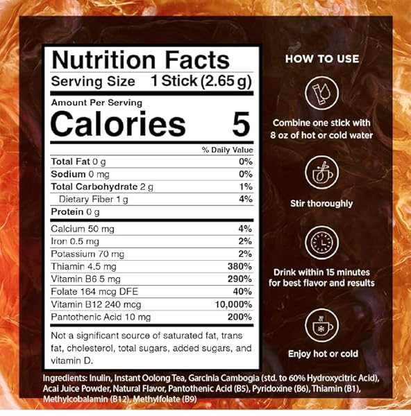 VITACUP SLIM INSTANT TEA PACKETS FOR DIET SUPPORT, OOLONG TEA W/B VITAMINS, GARCINIA, INULIN & ACAI, ON-THE-GO INSTANT STICKS, 10 CT
