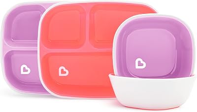 Munchkin Splash 4-Piece Divided Plates and Bowls Set Pink Purple BPA Free 6+
