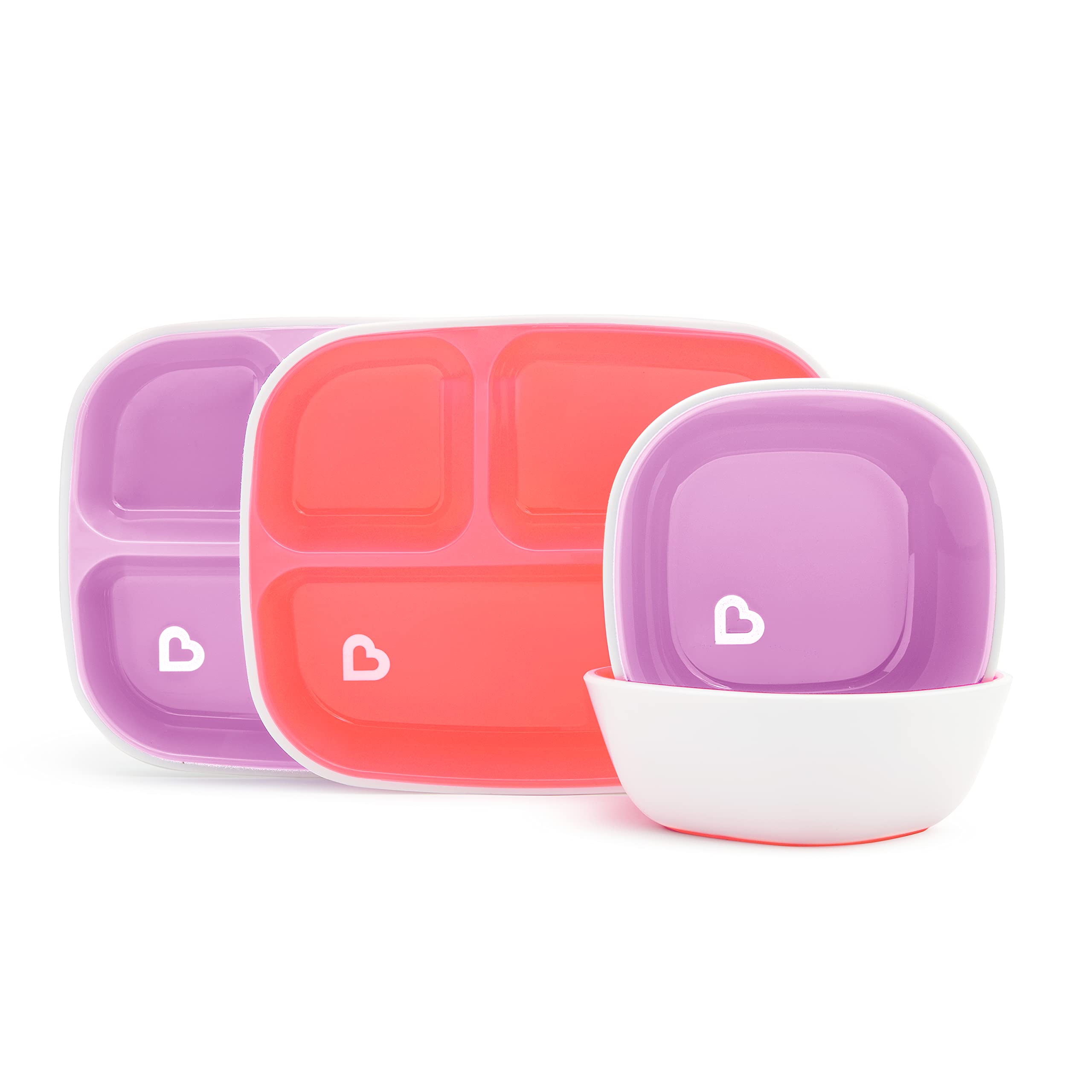 Munchkin Splash 4-Piece Toddler Divided Plates and Bowls Dining Set, Baby Food Set with 2 Baby Plates and 2 Baby Bowls, Set for 6+ Months, BPA-Free, Pink/Purple